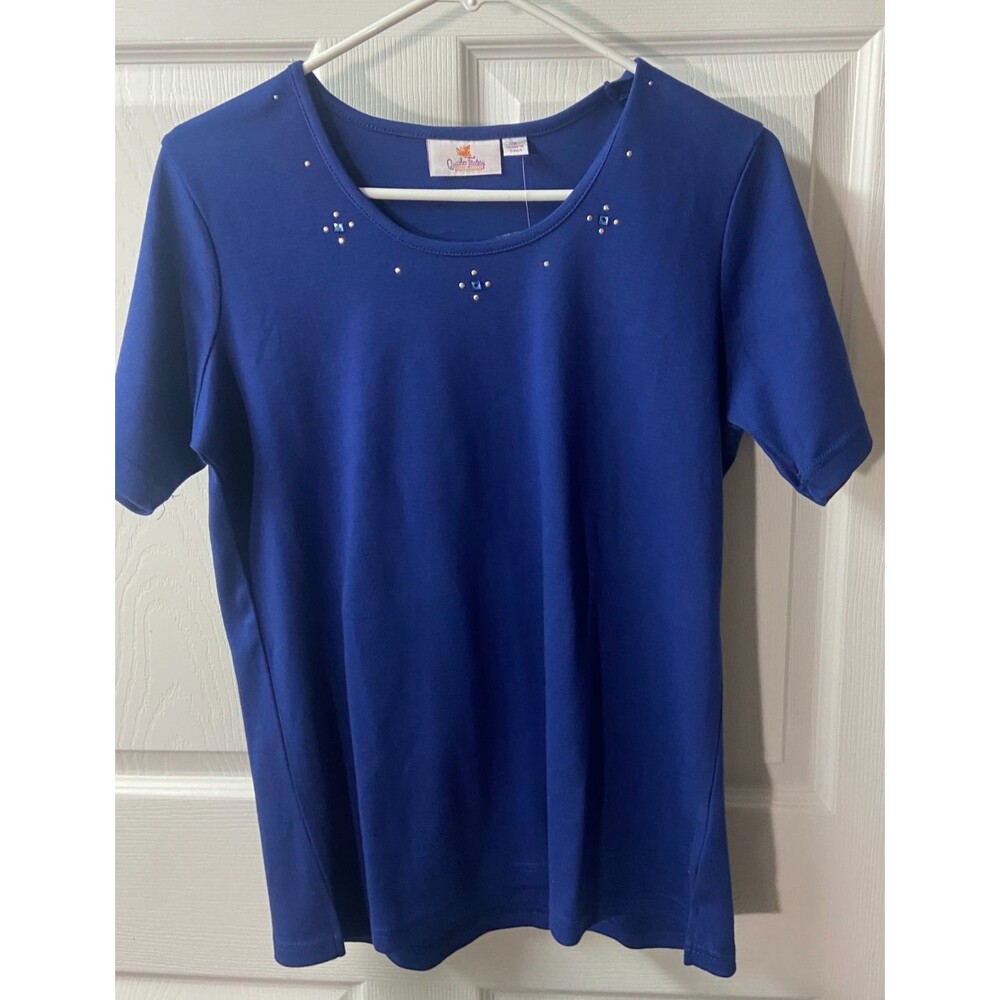 Quacker Factory T-Shirt Royal Blue embellished Womens Small NWT Short Sleeves
